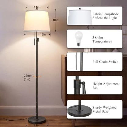 Antique Black Gold Floor Lamp Adjustable Height 55" to 65" Tall Standing - color: Retro Black Gold+White Shade