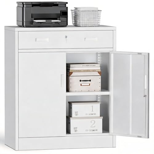 Metal Storage Cabinets with Drawer, 36" H Lockable Storage Cabinet with Doors and Adjustable Shelves, Small White Steel File Cabinet for Home, Office, Warehouse, School, Assembly Required - color: White, size: 36"H&1 Drawer
