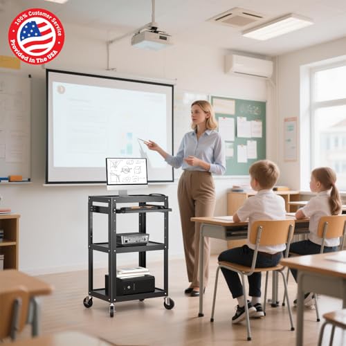 POCHAR Steel AV Cart on Wheels - Rolling Projector Cart with Height Adjustable Shelf, Pullout Keyboard Tray, Power Strip, Cord Management - Mobile Media Carts Computer Workstation for Office Classroom - style: 3 Shelf with Keyboard Tray (AV-J)