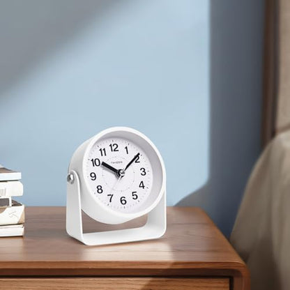 TIMESS Analog Alarm Clock with Snooze & Light, Silent Non-Ticking, White | On-demand light, quartz movement, battery operated, easy to set, gentle wake alarm, bedside clock for home, travel, or office - color: White