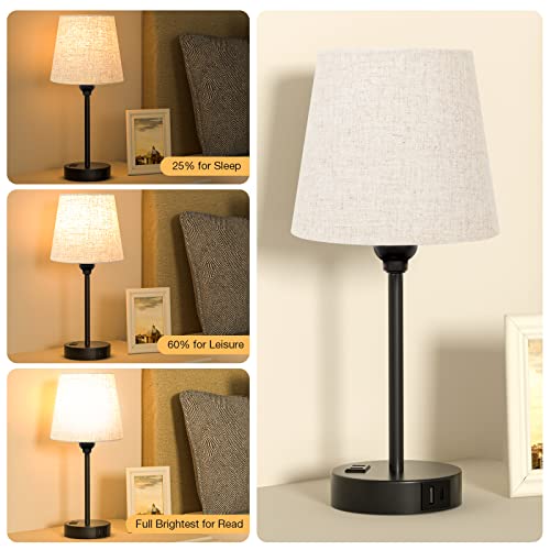 Bedside Table Lamps Set 2 for Bedroom - Dimmable Touch, USB C+A, AC Outlet | 14.5" Mini Lamp, 3-Way Dimmable, LED Bulbs Included, Trapezoid Barrel Fabric Lampshade, Nightstand Light for Guest Room, Kids - color: Beige