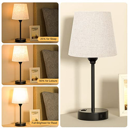 Bedside Table Lamps Set 2 for Bedroom - Dimmable Touch, USB C+A, AC Outlet | 14.5" Mini Lamp, 3-Way Dimmable, LED Bulbs Included, Trapezoid Barrel Fabric Lampshade, Nightstand Light for Guest Room, Kids - color: Beige