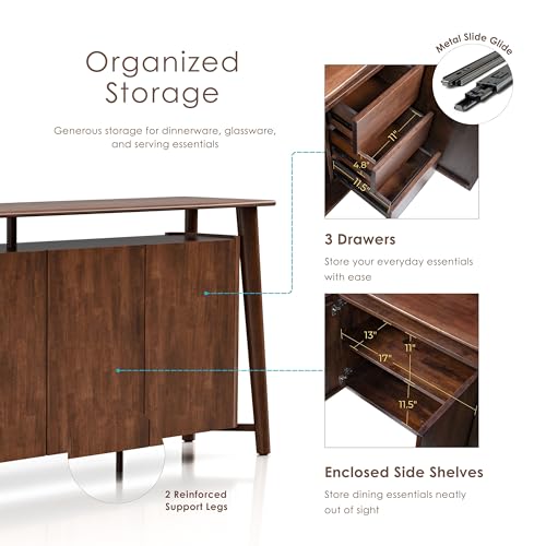 Furniture of America Nazaen IV Mid-Century Modern Solid Wood 82.5-inch Sideboard Buffet Cabinet with Hidden Drawers, Credenzas for Living Room, Dining Room, Office, Rich Walnut