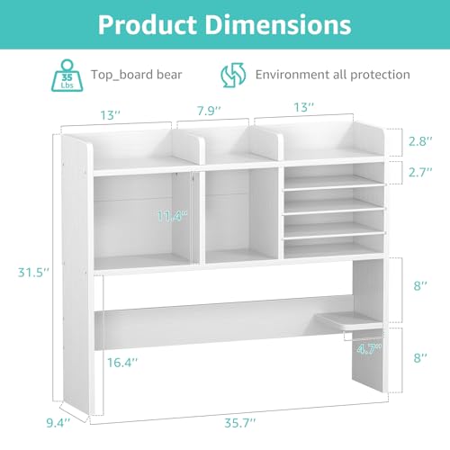 NUTIKAS Desktop Bookshelf for Computer Desk - 36" Desk Hutch Organizer with 4-Tier Paper Tray, Tabletop Storage Rack for College Dorm Room Essentials, Home Office Shelving, White