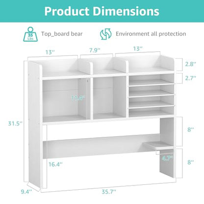 NUTIKAS Desktop Bookshelf for Computer Desk - 36" Desk Hutch Organizer with 4-Tier Paper Tray, Tabletop Storage Rack for College Dorm Room Essentials, Home Office Shelving, White