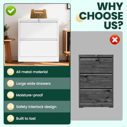 2 Drawer Lateral File Cabinet, 26.8"W Filing Cabinet for Home Office, White | Heavy-Duty Steel Locking File Cabinet, Hanging Letter/Legal/A4 Size, Full-Extension Drawer, Assembly Required - color: White, size: 2 Drawers (26.77 in Width)