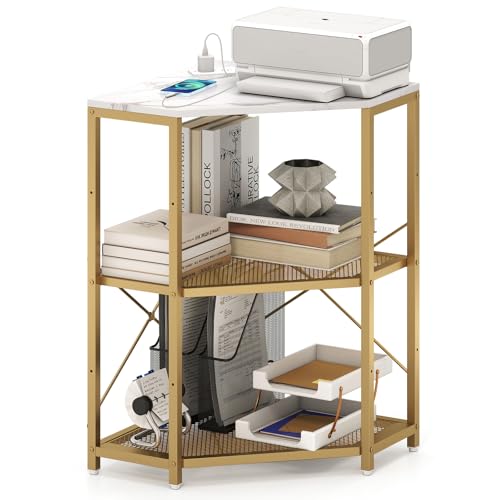 GOFLAME Corner Printer Stand with Charging Station, Freestanding 3-Tier Printer Table with Adjustable Metal Mesh Shelf, Storage Rack Organizer for Home Office Living Room (White) - color: White