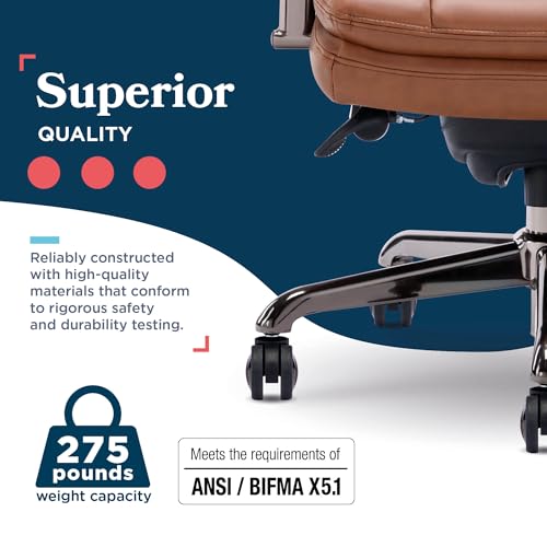 La-Z-Boy Sonata Executive Mid-Back Office Chair, Button-Tufted Seat and Back, Double-Layer Cushion, Padded Armrests, Ergonomic Computer DeskChair, Swivel Metal Base, Bonded Leather, Cognac/Graphite - color: Cognac and Graphite