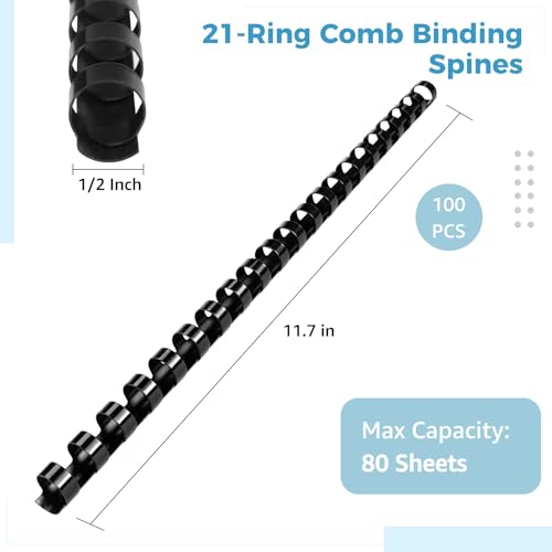 100 Pcs Plastic Binding Combs, 1/2 Inch Diameter 21-Ring Comb Binding Spines, 80 Sheet Capacity for A4 Documents, Reports, Manuals, Photo Albums and Office Supplies