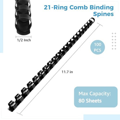 100 Pcs Plastic Binding Combs, 1/2 Inch Diameter 21-Ring Comb Binding Spines, 80 Sheet Capacity for A4 Documents, Reports, Manuals, Photo Albums and Office Supplies