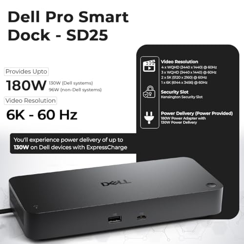 Dell Pro Smart Dock SD25 Bundle - 10Gbps, 3 Year Warranty, Supports Dual/Triple Monitors & 4K Displays with 180W Power Adapter, Anyhdd HDMI, DisplayPort, USB C Cable, Cloth - Docking Station - style: Dell SD25 New