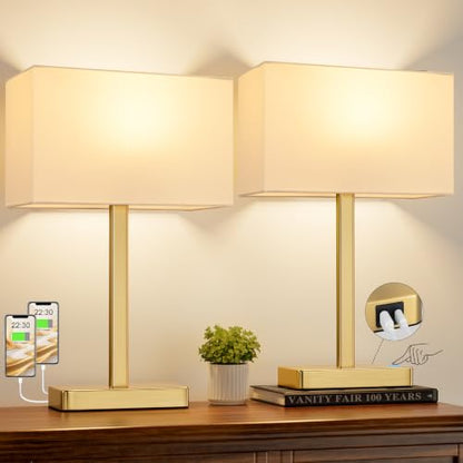 Hong-in Touch Lamps for Bedroom, Bedside Table Lamps Set 2, D. White&Gold | Modern Table Lamp for Nightstands, Desk Lamp for Bedroom, with USB C+A, End Tables Bed Side, Bulb Included, 3 Way Dimmable - color: D. White&Gold