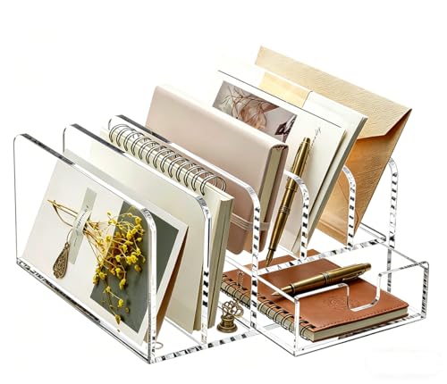 Clear Acrylic Mail Sorter, 5 Slot Desktop File Organizer with Pull-out Drawer, Clear Letter Envelope Bill Document Storage Holder, Desk Paper Sorter for Office Home School Daily Organization