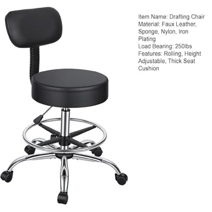 Wufuuoa Drafting Chair with Backrest, Height Adjustable Rolling Stool with Footrest Ring, Faux Leather Thick Cushion Office Stool, Heavy Duty 250lbs Capacity for Workshop Garage Salon Kitchen Black