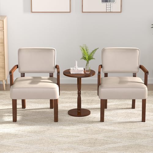 PU Leather Accent Chairs Set of 2, 2 Armchairs with Side Table | Living Room Chairs with Soft Thicken Cushion,Comfy Reading Chair for Bedroom,Waiting Room,Home Office,Easy Assembly,Beige - color: Faux Leather Beige, size: Set of 2 with table