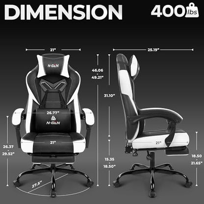 N-GEN GAMING Gaming Chair Big and Tall Computer Heavy Duty Office Desk Chair with Footrest Ergonomic Lumbar Support High Back Recliner for Adults (White) - color: White
