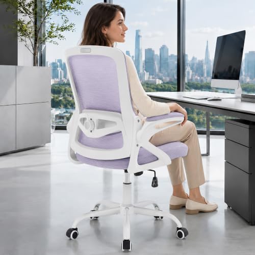 Executive Office Chair with Adjustable Lumbar Support Flip-Up Arms,Lavender | Desk Chair Breathable Mesh Comfy Computer Chairs with Flip-up Armrests Executive Task Chair for Adults Home Office,400lbs - color: Lavender