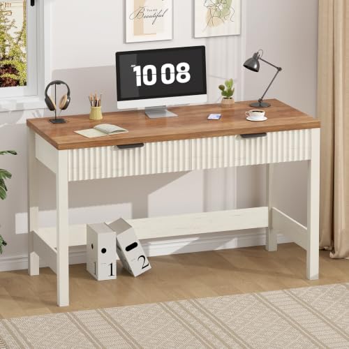 47 Inch Small Fluted Computer Desk with 2 Drawers for Bedroom, Home Office - color: Antique White, size: 47 Inch Desk