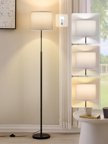 60" Modern Floor Lamp with Linen Shade, 3 Color LED Bulb & Foot Switch - color: Black & White Shade