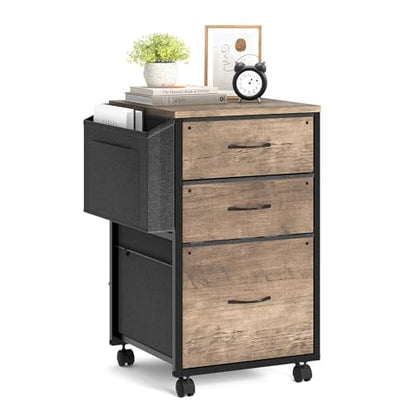 VINGLI 3 Drawer File Cabinet with Side Bag, Rolling File Cabinet Mobile Under Desk File Cabinet with Wheels, Fabric Drawers Printer Stand for Home Office, Fits Letter Size, Rustic Gray