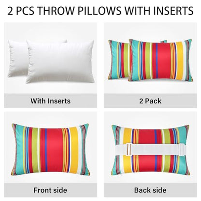 Striped Outdoor Chaise Lounge Head Pillow 11"x16" Set of 2 | Waterproof Headrest Pillows with Insert Adjustable Elastic Strap, Lounge Head Resting Pillow for Recliner Beach Patio Pool - color: Colorful Striped