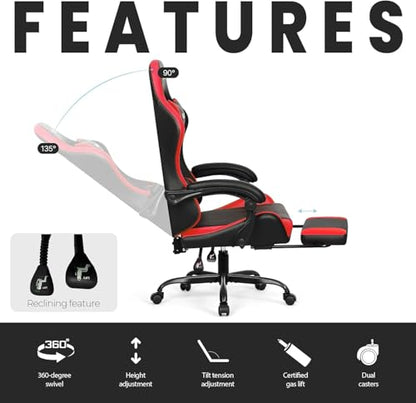 N-GEN GAMING Gaming Chair with Footrest, Lumbar, High-Back, Red Black | Reclining Backrest, Linkage Armrests, Durable PU Leather, Adjustable Comfort for Extended Computer, Desk, or Home Office Use - color: Red Black