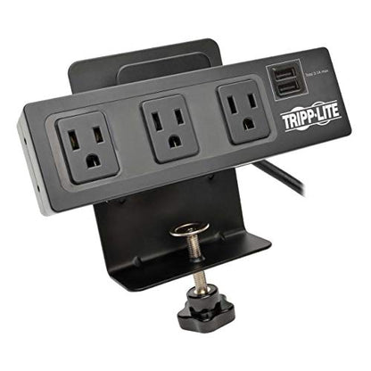 Tripp Lite 3 Outlet Surge Protector Power Strip with Desk Clamp, 10ft. Cord, 510 Joules, 2 USB Charging Ports, Black, $20K Insurance & Lifetime Manufacturer's Guarantee (TLP310USBC)