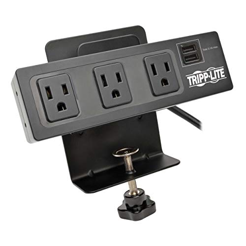 Tripp Lite 3 Outlet Surge Protector Power Strip with Desk Clamp, 10ft. Cord, 510 Joules, 2 USB Charging Ports, Black, $20K Insurance & Lifetime Manufacturer's Guarantee (TLP310USBC)