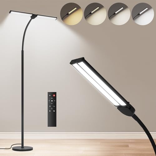 LED Floor Lamp for Living Room,Bright Reading Lamps for Office | 5 Adjustable Colors Temperatures&Brightness, Dual Head Goose-Neck Standing Lamp, Remote Control, Eye Caring Tall Lamp, Black - color: Black