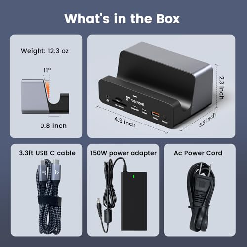 TobenONE 18-in-1 Laptop Docking Station Triple 4K with 150W Power Supply | USB C Laptop Docking Station Stand with 2.5Gbps Ethernet, 2×4K@60Hz HDMI & DP, 8 USB C/A Ports, for Windows/Dell/HP Laptops