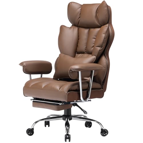 Efomao Big and Tall Office Chair 400lbs – High Back Executive Chair with Swivel Base, PU Leather Upholstery, Lumbar Pillow, Padded Armrests, and Rolling Wheels，Brown Computer Chair - color: 3008y Brown