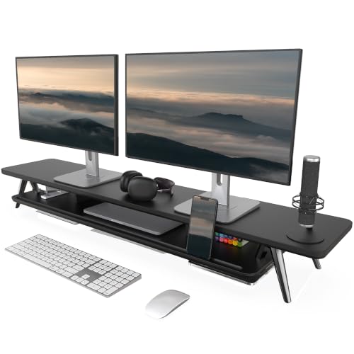 Fenge Dual Monitor Stand Riser, Wooden Desk Shelf with 2-Tier Storage | 47.3-Inch Extra Wide, Sturdy Aluminum Legs, Built-In Phone & Tablet Slot, Desktop Organizer for Office Accessories - color: Black, size: 47.2 Inch