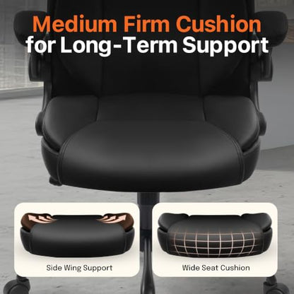 NEO CHAIR Office Desk Chair, High Back PU Leather with Flip-up Arms, Black | Ergonomic Tall Computer Desk Chair Comfy, Height Adjustable, Swivel Rolling Wheels for Office Home Gaming Study - color: Black
