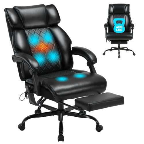 Massage Office Chair with Foot Rest and Heating, Executive Ergonomic Reclining Leather Office Chair, Big and Tall Desk Chair with Vibration Massager, Computer Gaming Chair for Home & Office Black - color: Black