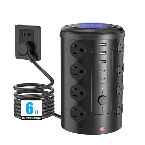 6FT Power Strip Tower Surge Protector, 16 Wide‑Spaced Outlets & 5 USB Ports - size: 6FT without wireless charging