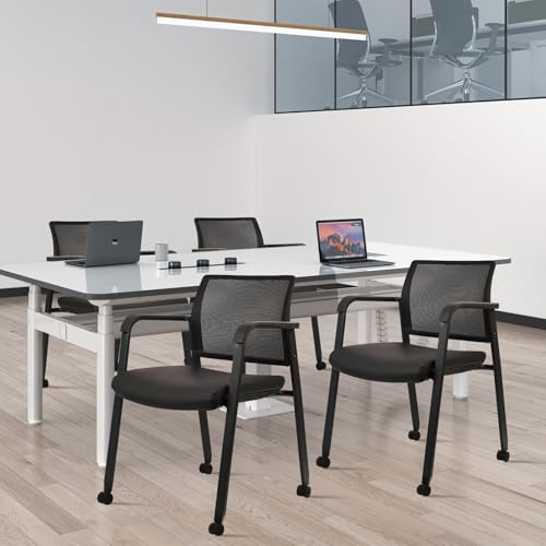 CLATINA Mesh Back Guest Reception Stacking Chair with Wheels, Waiting Room Stackable Chairs with Upholstered Leather Seat & Ergonomic Lumbar Support for Office Conference School Study Lobby, Black - color: Black_leather_wheels, size: 1pack