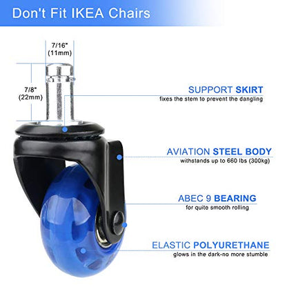8T8 Upgraded Chair Caster Wheels 2'', Quiet and Smooth Gliding,Heavy Duty Wheels with Plug-in Stem 11X22 (7/16''X7/8''), Safe for Hardwood Carpet Tile Floors, Set of 5 (Blue, 2 inch) - color: Blue
