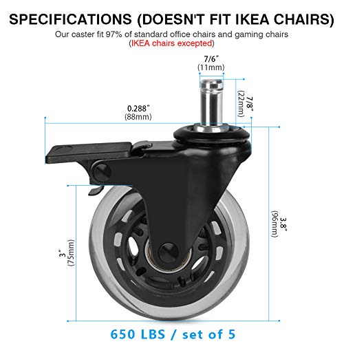 Hirate 5 Pack 3 inch Office Chair Caster Wheel Universal Stem 7/16" x 7/8" - color: Single Brake, size: 3"