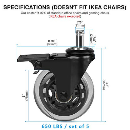 Hirate 5 Pack 3 inch Office Chair Caster Wheel Universal Stem 7/16" x 7/8" - color: Single Brake, size: 3"