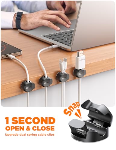 12Pack Cord Organizer [Dual Spring & Clasp, Max Secure] Cable Clips - Chfeila Cord Holder, Desk Cable Management, Adhesive Phone Charging Wire Holder for Nightstand/Car/Wall, Office Accessory - Black - color: Black, size: 12-Pack