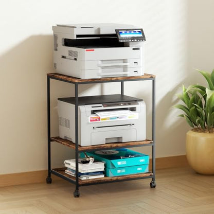 Large Printer Table with Storage, 3 Tier Printer Stand for Home Office, Rolling Printer Cart with Wheels, for Shredder Scanner Fax (Brown) - color: Brown