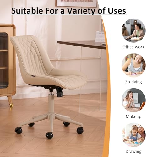 YOUNIKE Faux Leather Office Desk Chair Comfy Vanity Chair Armless Cream | Ergonomic Upholstered Rocking Back, Swivel with Wheels, Height Adjustable, Modern Task Chair For Computer Sewing Drafting - color: Cream