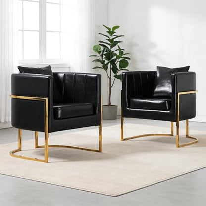 PU Leather Accent Chair, Modern Barrel Arm Chair for Living Room/Bedroom/Guest Reception, Upholstered Club Armchair with Pillow & Gold Base, Black - color: Black-leather, size: 1 PC