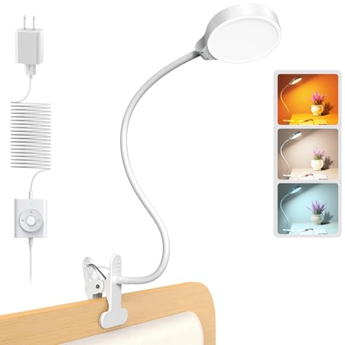 Glocusent 5W Clip on Light, 3 Colors & 5 Brightness Reading Light for Bed | Flexible Gooseneck Clip on Lamp, 30-Min Timer, Reading Lamp, Perfect Desk Lamp for Dorm,Bunk,Bed,Headboard,Table,Work,Craft - color: White