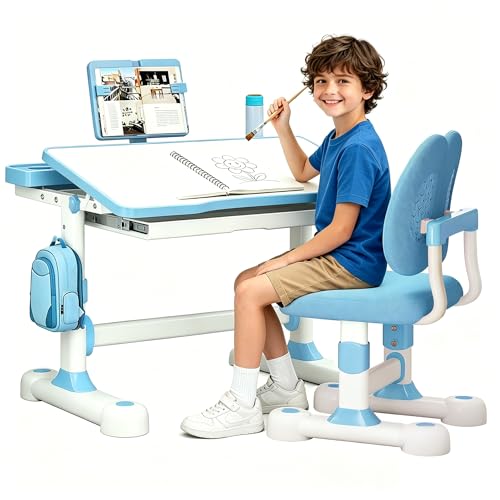 Kids Adjustable Desk and Chair Set 3-12, Children School Study Desk-11BLUE | Height Adjustable | 50° Tilt Desktop | Book Stand & Metal Hook & Storage Drawer | Writing Drawing Table for Boys and Girls - color: 110-blue-27.5in
