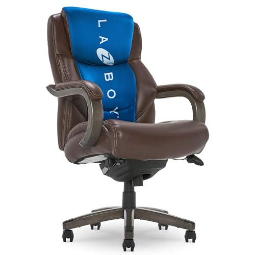 La-Z-Boy Delano Big and Tall Executive Office Chair - Ergonomic Lumbar Support Memory Foam - Bonded Leather Desk Chair for Home Office - Weathered Gray Wood Arms - Brown - color: Brown With Weathered Gray Wood