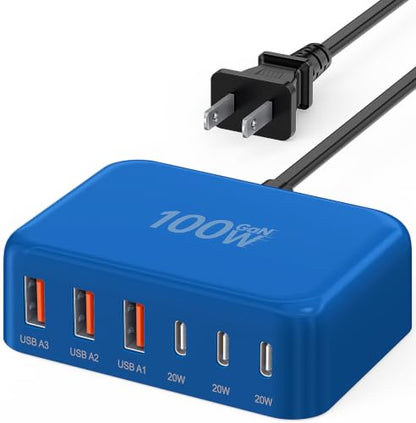 USB Fast Charger Block 50% Smaller 100W Max 6-Port GaN USB Charging Station - color: C-Blue, size: 100W