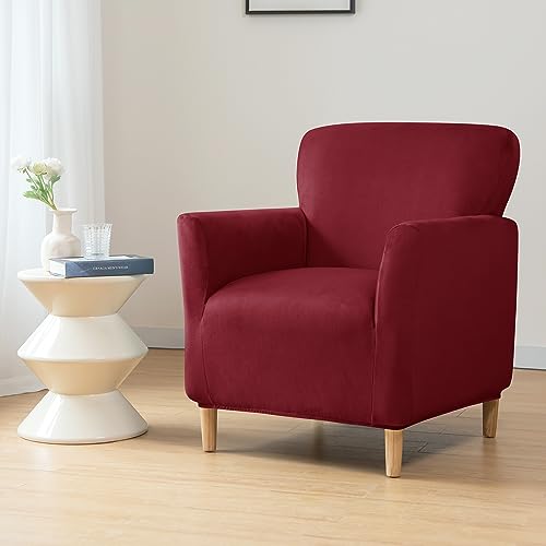LiveGo Stretch Mid Century Modern Armchair Slipcover 1-Piece Jacquard Accent Chair Covers with Arms Soft Waterproof Chair Slipcovers for Living Room Furniture Protector Office (Velvet Wine Red) - color: Velvet Wine Red