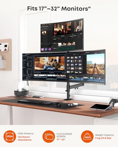 Triple Monitor Mount for up to 32 Inch Screens, Heavy Duty Gas Spring | Full Motion Arm, Tilt Swivel Rotation, Holds 19.8 lbs per Arm, VESA 75x75/100x100mm, Black - size: Up to 32 Inch