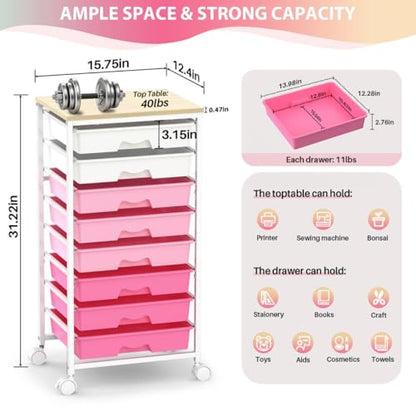 Goovilla Rolling Cart with 8 Drawers for Art, Dorm, Office, Craft, Pink | Utility Cart Organizer With 8 Removable Drawers and Wooden Tabletop, Lockable Rolling Storage Organizer for Classroom, Home - size: Pink
